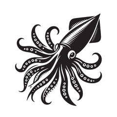 Black Color Squid Silhouette Vector Illustration, Solid White Background