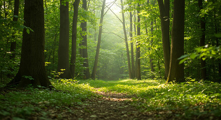 Obraz premium A path through a dense green forest with sunlight ahead