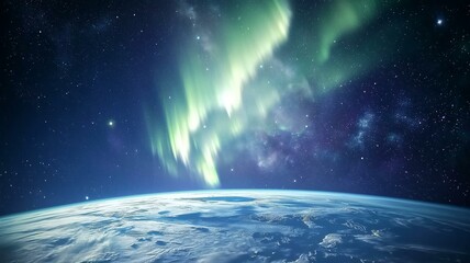 Obraz premium Photorealistic image of an aurora glowing over Earth’s poles, viewed from space with stars around 