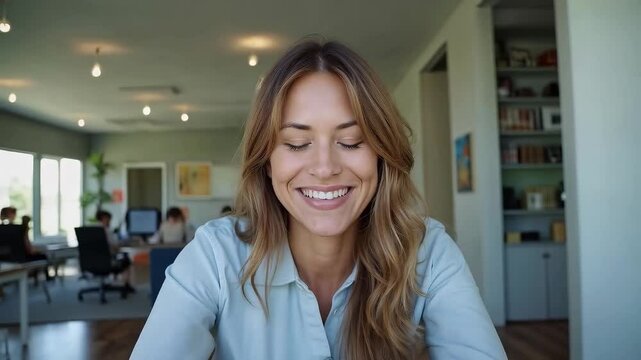 Mujer sonriendo en videollamada desde oficina moderna