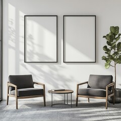 Minimalist living room with two armchairs, coffee table, and framed posters.