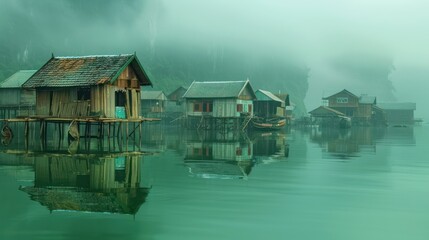 Fototapeta premium Misty morning on a waterfront village. Wooden houses on stilts reflect in still water