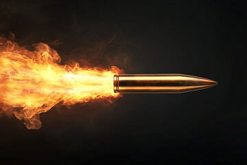 Fototapeta premium A dynamic bullet in motion, emitting flames, against a dark background, symbolizing speed and power