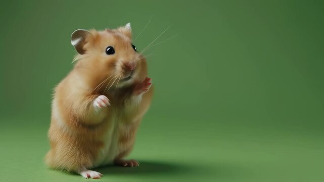 Cute brown hamster waving hand video footage. Funny pet saying hello clip. Adorable rodent standing up on green background, friendly animal waving its paw motion picture.