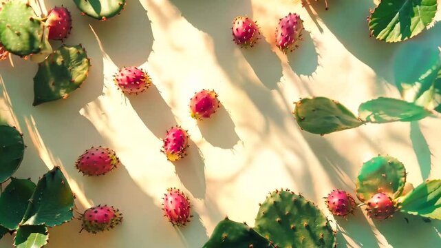 A vibrant composition featuring prickly pear cactus pads and ripe fruits bathed in warm sunlight. The interplay of light and shadows highlights the textures and natural beauty of the desert plant
