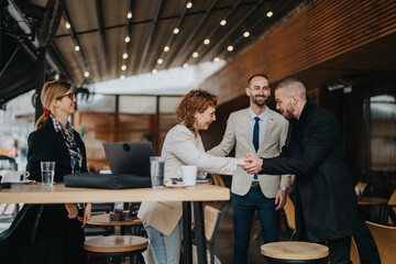 Colleagues having a friendly outdoor meeting, engaging in professional discussions and making connections.