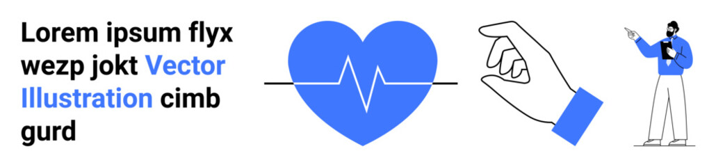 Blue heart with ECG line, pointing hand gesture, and a standing figure with a clipboard. Ideal for healthcare, wellness, technology, charity, medical services, fitness communication simple landing