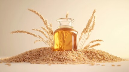 A glass bottle of golden rice bran oil sits behind a pile of brown rice grains and wheat stalks on a white background.