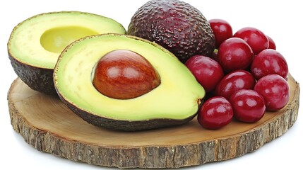 Fresh avocado halves whole fruit and red berries on wooden surface