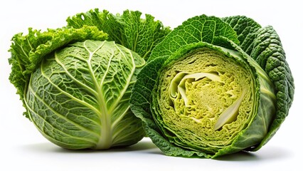 Fototapeta premium Fresh Green Cabbage Halved, Layered Leaves Isolated on White Background - Stock Photo