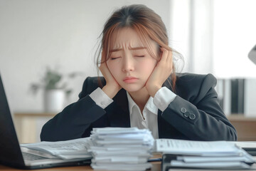 仕事の紙資料が山積みで疲れて悩み困るスーツ姿の若い女性