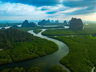 Aerial drone view of heart shape Island of Love in mangrove forest .beautiful green mangrove forest...