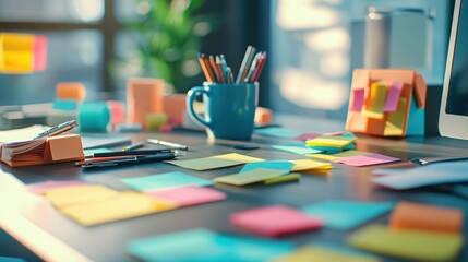 Colorful workspace filled with sticky notes, pens, and a mug, creating a vibrant and creative atmosphere for brainstorming ideas and productivity