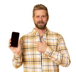 Portrait of a cheerful young man wearing casual clothing isolated over transparent background,...