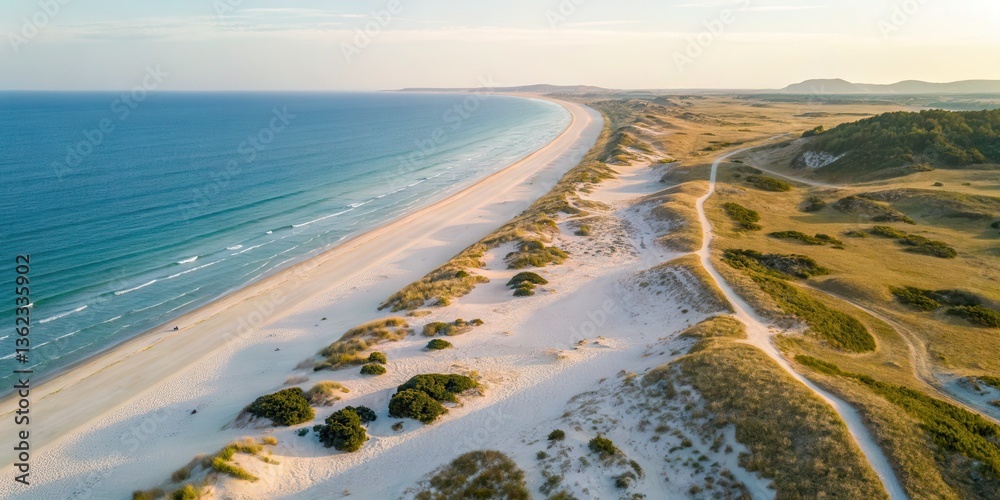Poster beaches and dunes under a clear sky with gentle ocean waves.