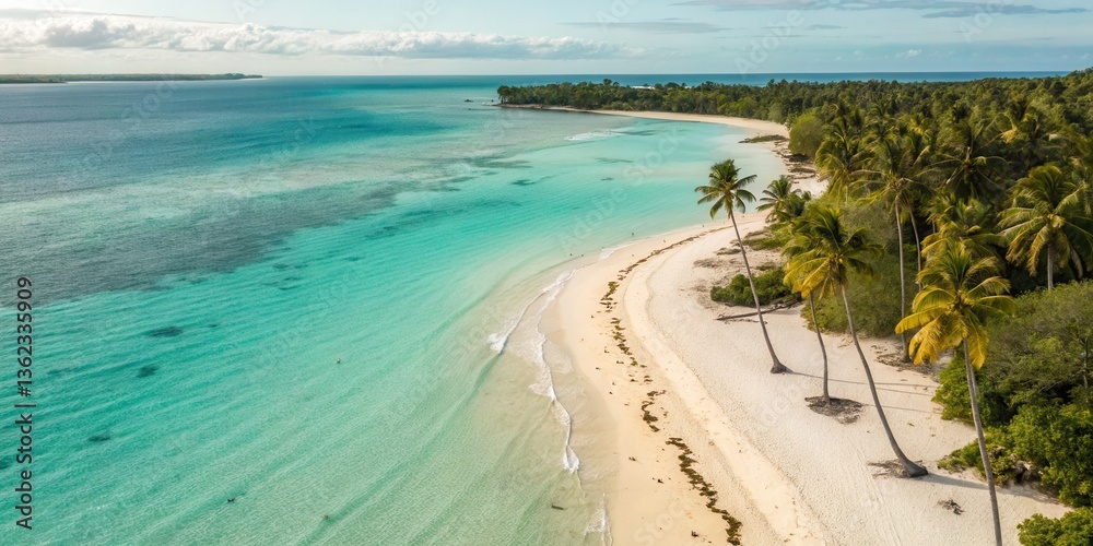 Aufkleber serene beach with palm trees and turquoise waters under a clear sky.