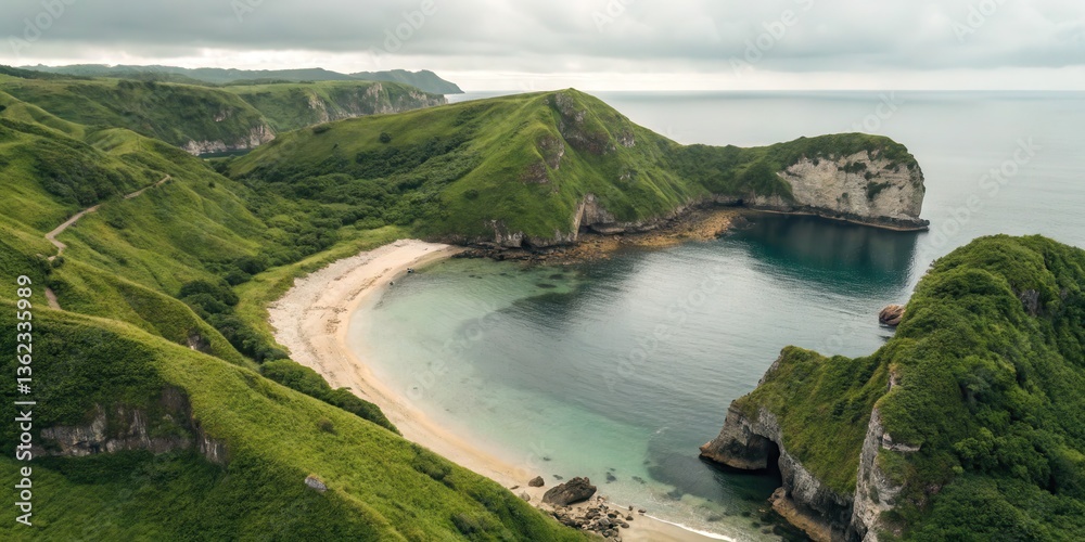 Poster beautiful coastal landscape with cliffs and calm waters under a cloudy sky.