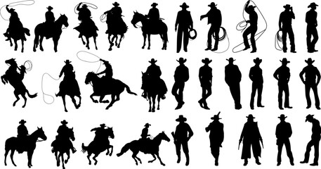 set of cowboy silhouettes, cowboy on horse in different poses, vector