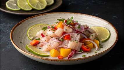 Peruvian Ceviche Clasico is a traditional Peruvian dish of fresh fish marinated in lime juice with onions, chilies and cilantro.