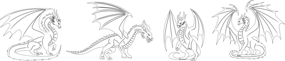 sketch set dragons, outline, vector