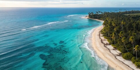 Obraz premium Serene beach with turquoise water and lush greenery along the coastline.
