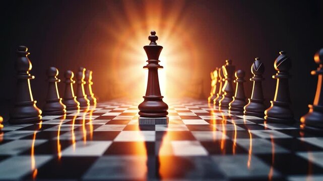 Illuminated Chess King at Center of Dramatic Chessboard Game of Strategy, Tension, and Competition Among Pieces