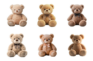 Soft plush teddy bear toy collection isolated on a transparent or white background, cut-out, PNG
