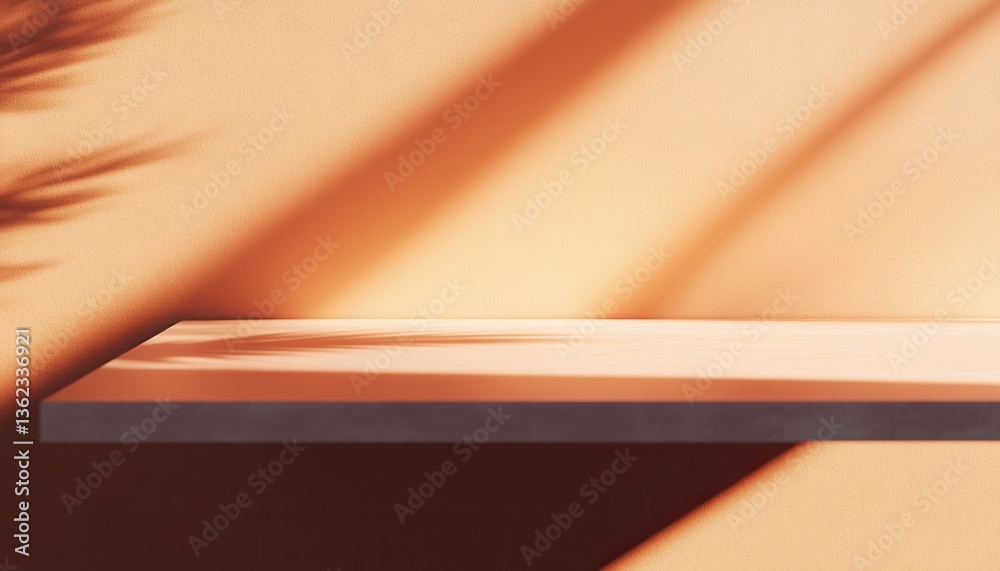 Poster empty shelf with palm shadow and warm orange wall