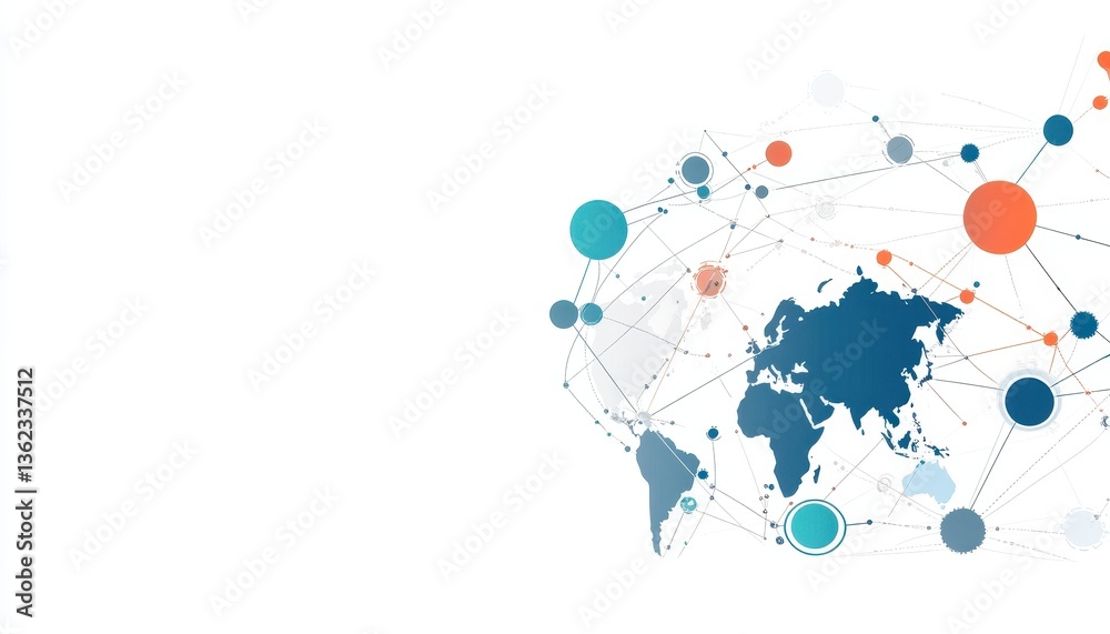 Poster Global Network Connection: Abstract World Map with Dots and Lines