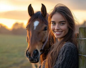 Young woman smiling beside a horse at sunset in a serene countryside setting