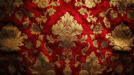Luxurious red velvet fabric with gold damask pattern