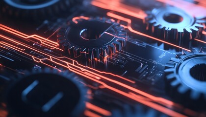 Fototapeta premium Glowing Metal Gears on Orange Circuit Board