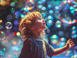 Photo of a happy child at a foam disco in soap bubbles in closes. A children's show on resort, animation program in hotel.