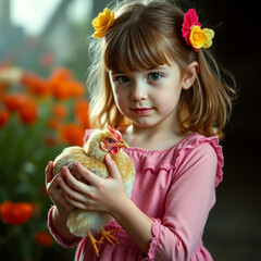 Little girl holds a small chicken, standing amidst vibrant orange flowers