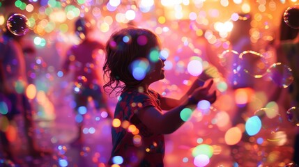 Photo of a happy child at a foam disco in soap bubbles in closes. A children's show on resort, animation program in hotel.