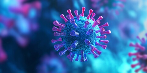 A blue and pink virus is shown in a blue and purple background