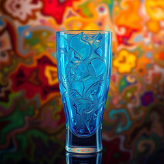 Beautifully textured blue glass with intricate patterns stands against a vivid, multicolored abstract background