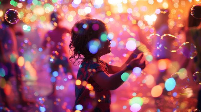 Photo of a happy child at a foam disco in soap bubbles in closes. A children's show on resort, animation program in hotel.