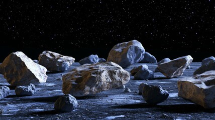 Ultra-realistic image of an asteroid field with floating rocks, illuminated by distant stars in deep space
