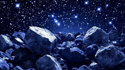Ultra-realistic image of an asteroid field with floating rocks, illuminated by distant stars in deep space
