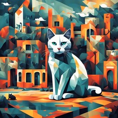 Digital bright matte painting with a cat in cubism style.