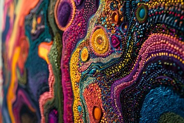 Vibrant abstract textured patterns in a colorful, intricate design.