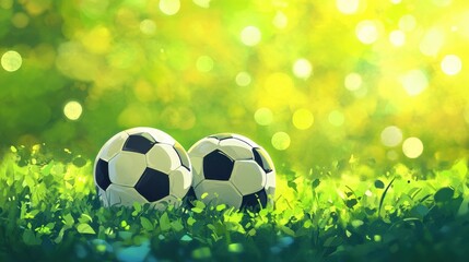Fototapeta premium Two soccer balls on green grass, sunny day, blurred background, sports equipment illustration
