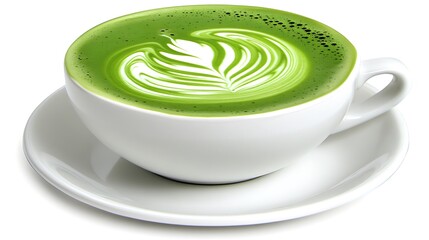 A white cup filled with a green drink and latte art