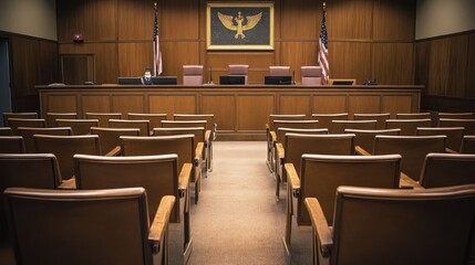 Empty courtroom, awaiting trial, wooden interior, legal proceedings, stock photo