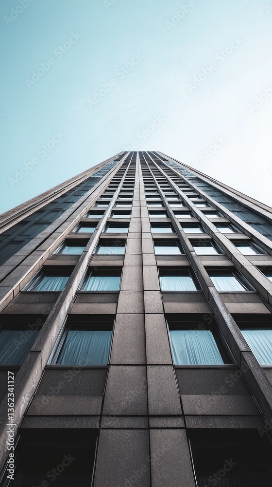Poster reaching high above, the towering skyscraper showcases sleek lines and reflective windows under a cl
