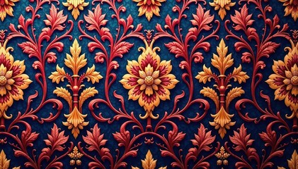 Ornate floral damask design in rich jewel tones, a luxurious repeat pattern for upholstery or wall coverings , leaf, fabric