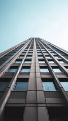 Reaching high above, the towering skyscraper showcases sleek lines and reflective windows under a clear blue sky. A scene that embodies modern design and city life in full swing