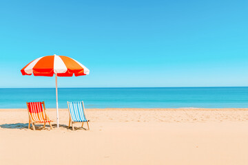 Two empty deck chairs and umbrella on sandy beach with blue sea and clear sky