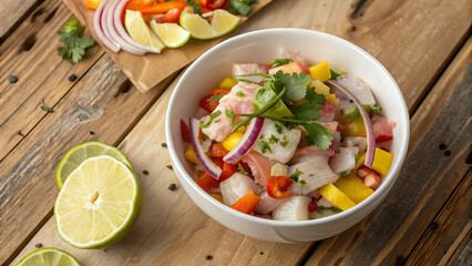 Peruvian Ceviche Clasico is a traditional Peruvian dish of fresh fish marinated in lime juice with onions, chilies and cilantro.